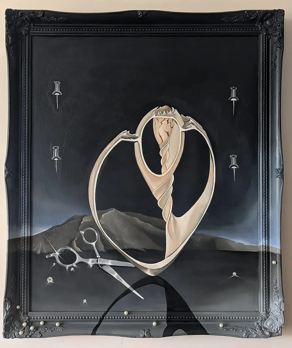 Framed painting of a pale intertwined form over a dark cosmic shoreline