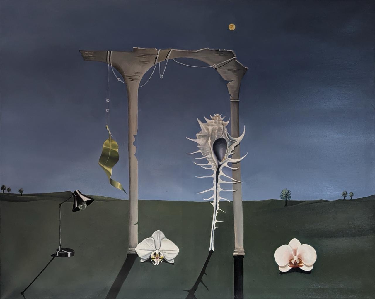 Untitled painting with orchids, a lamp, and a shell form in a night landscape