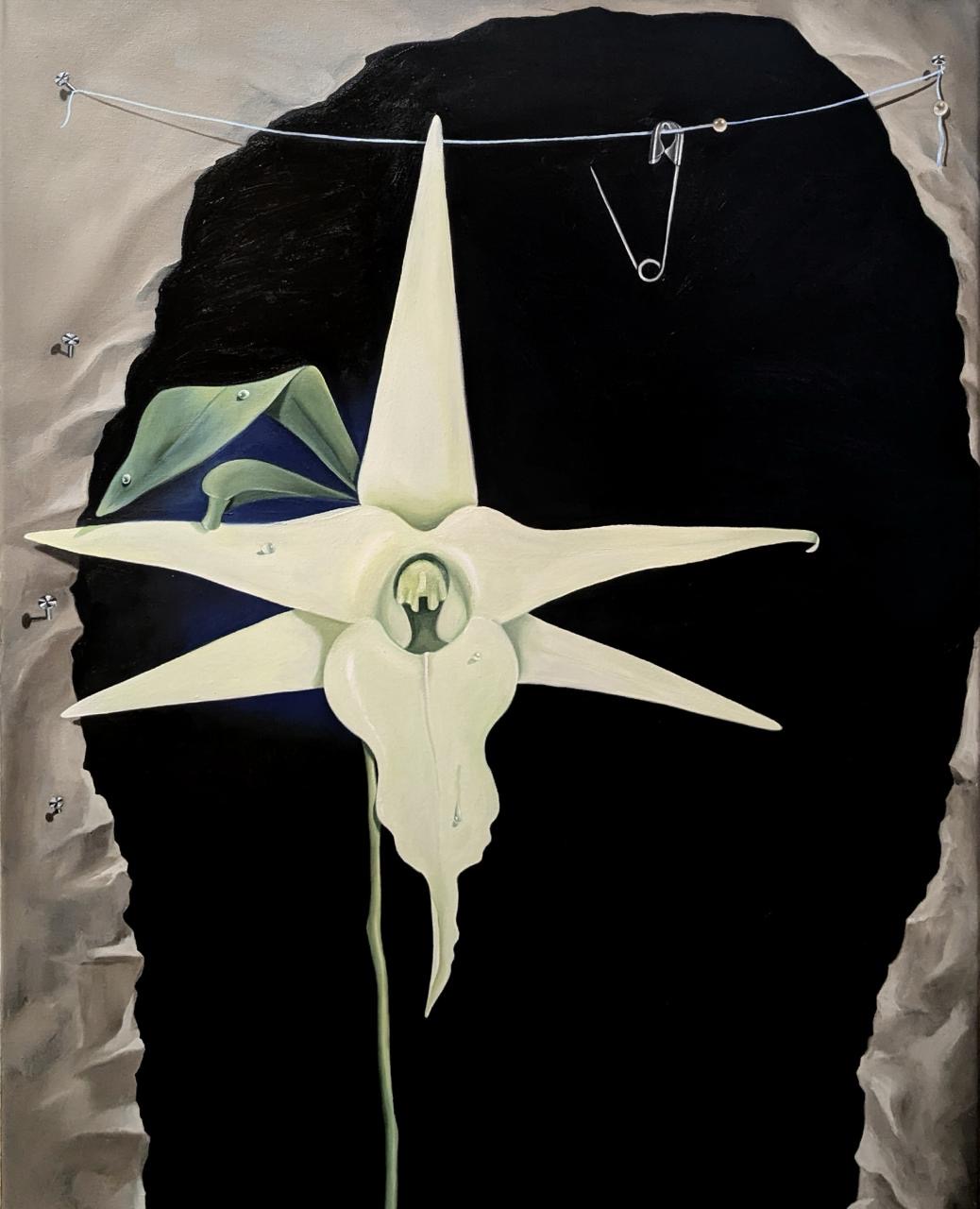 Untitled painting of a white orchid against a dark opening